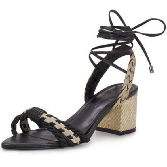 Jessica Simpson Prim black‎ ankle wrap tie raffia block heel Sandals size 11 new - Picture 1 of 3